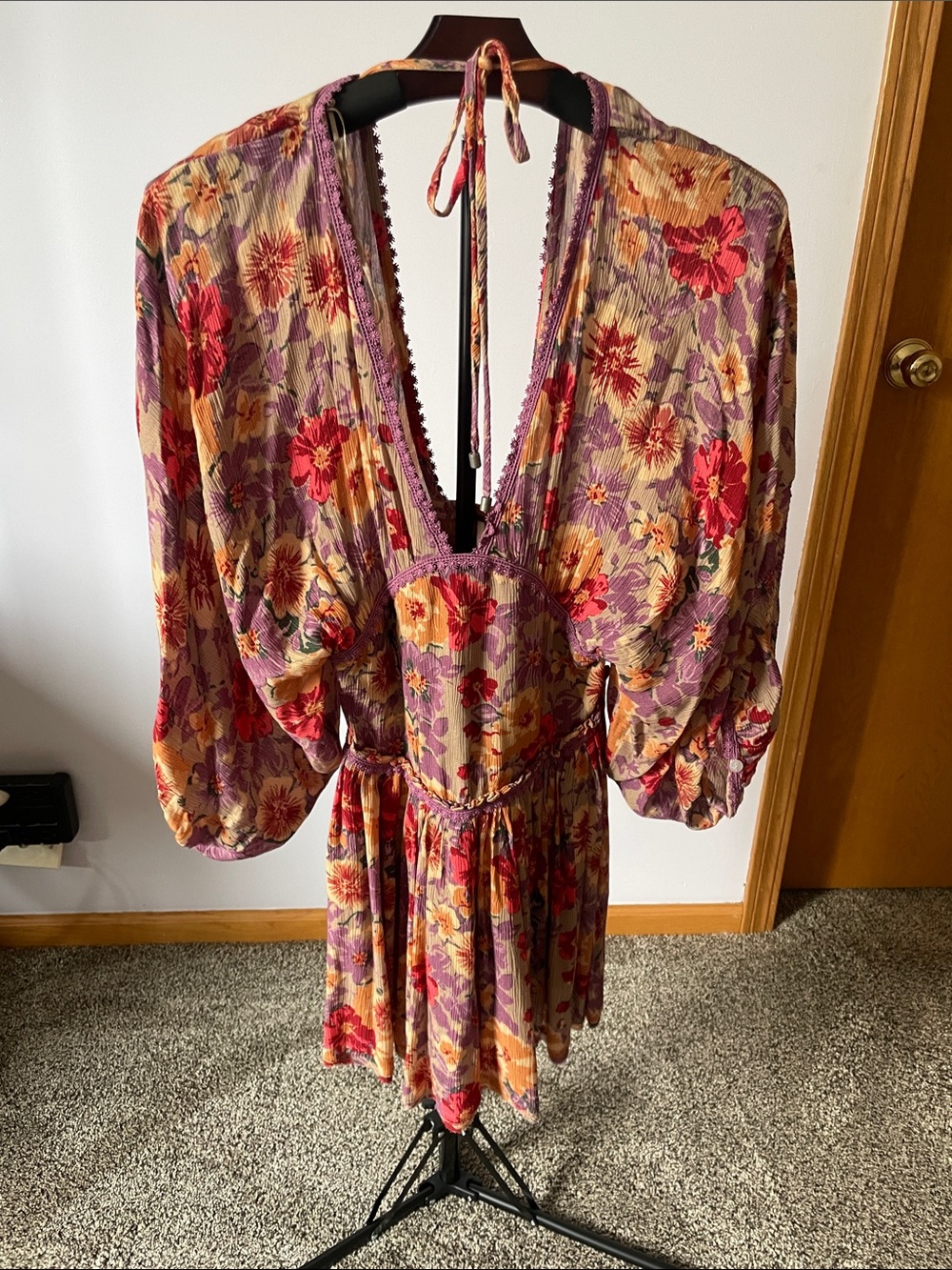 Free People Floral V-Neck Empire Mini Dress - Purple & Red & Yellow